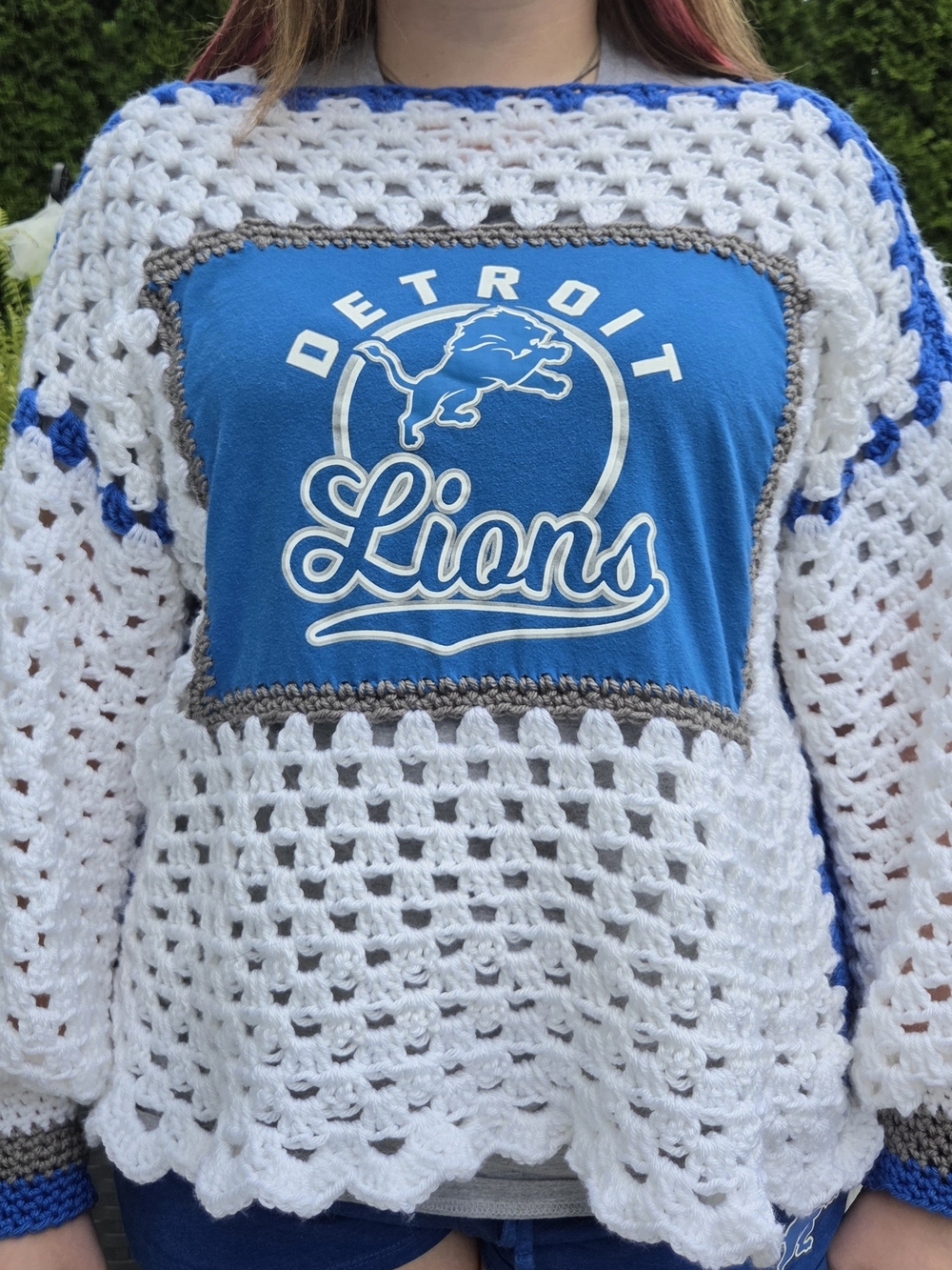 Detroit Lions Crochet Upcycled Sweater White Blue Size XL/2X